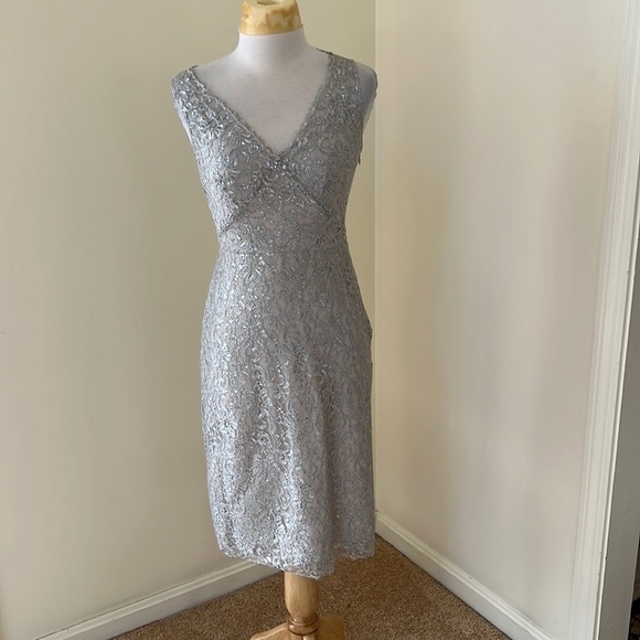 New! BCBGMaxazaria SZ 2, grey silver metallic over slip Lynette dress. - Picture 4 of 14